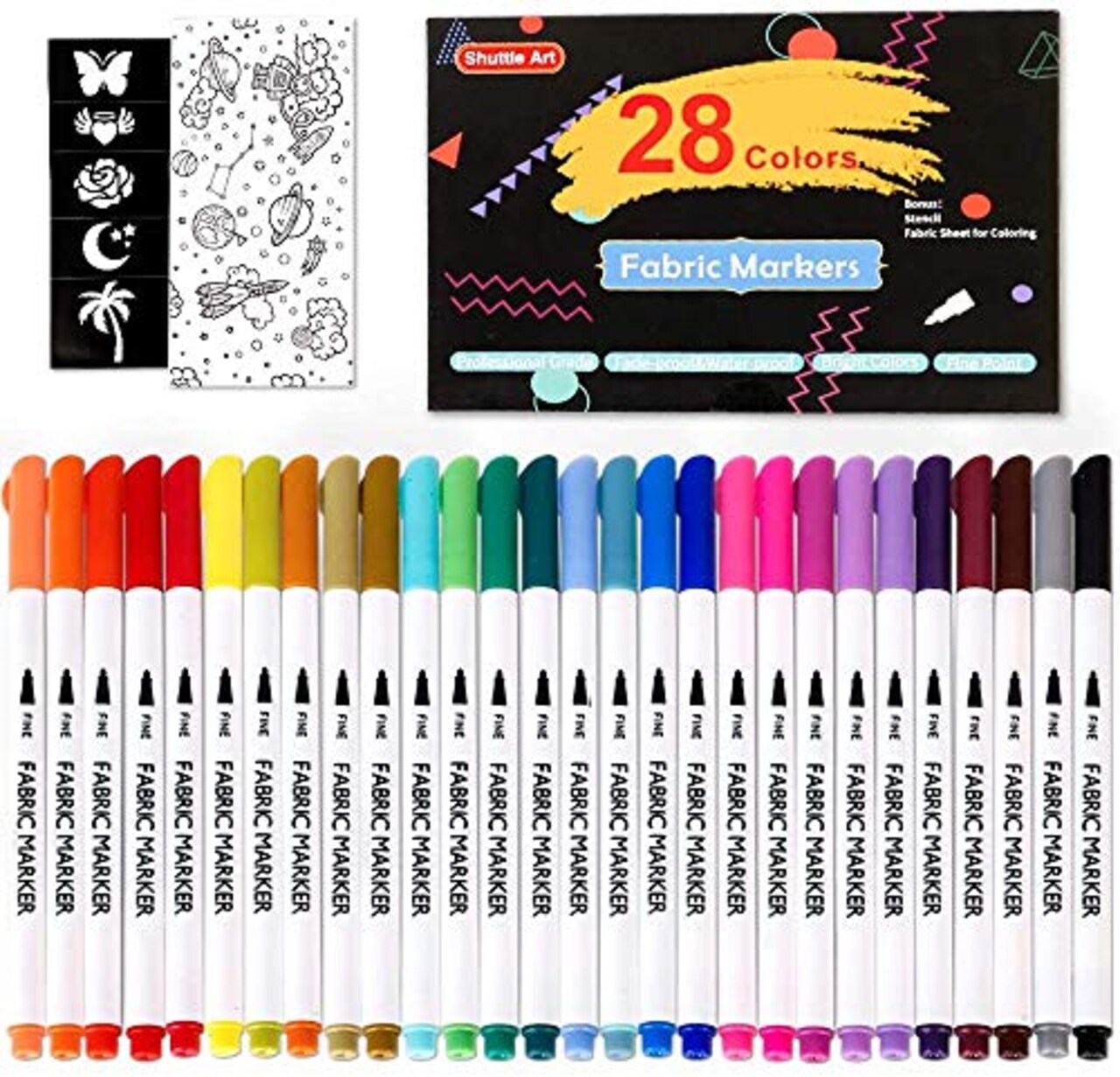 Shuttle Art 28 Colors Fabric Markers, Fabric Markers Permanent Markers for  T-Shirts Clothes Sneakers Jeans with 11 Stencils 1 Fabric Sheet,Permanent  Fabric Pens for Kids Adult Painting Writing…